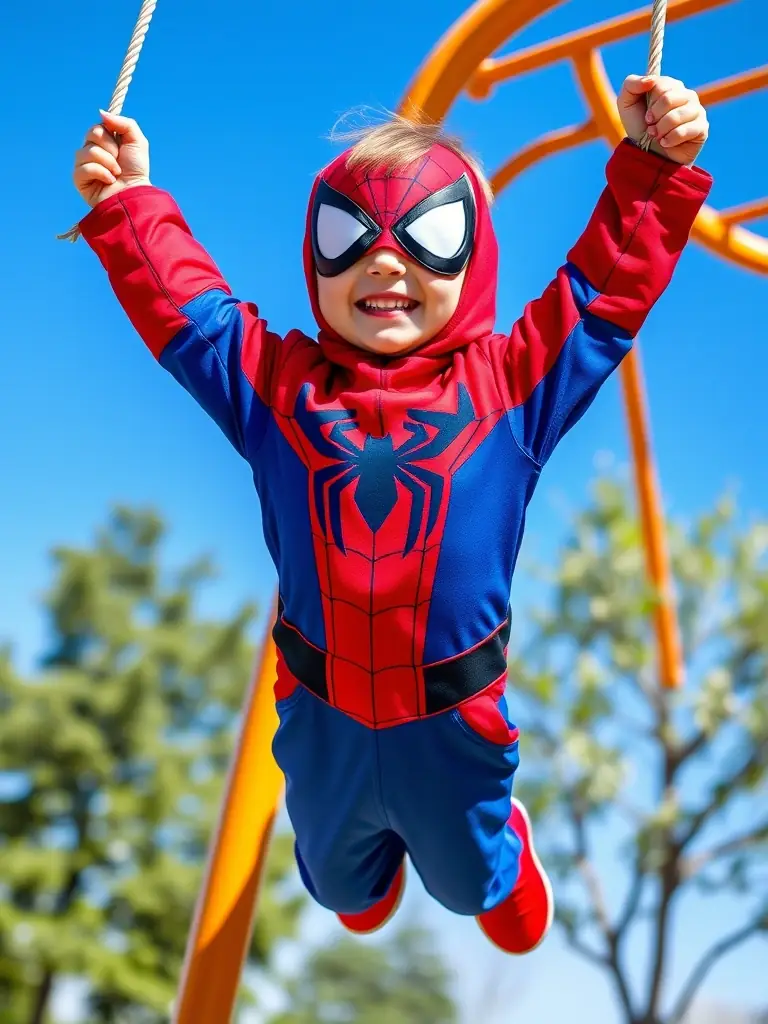 A child dressed in a handmade Spider-Man costume, swinging from a jungle gym, showcasing the costume's flexibility and vibrant colors.