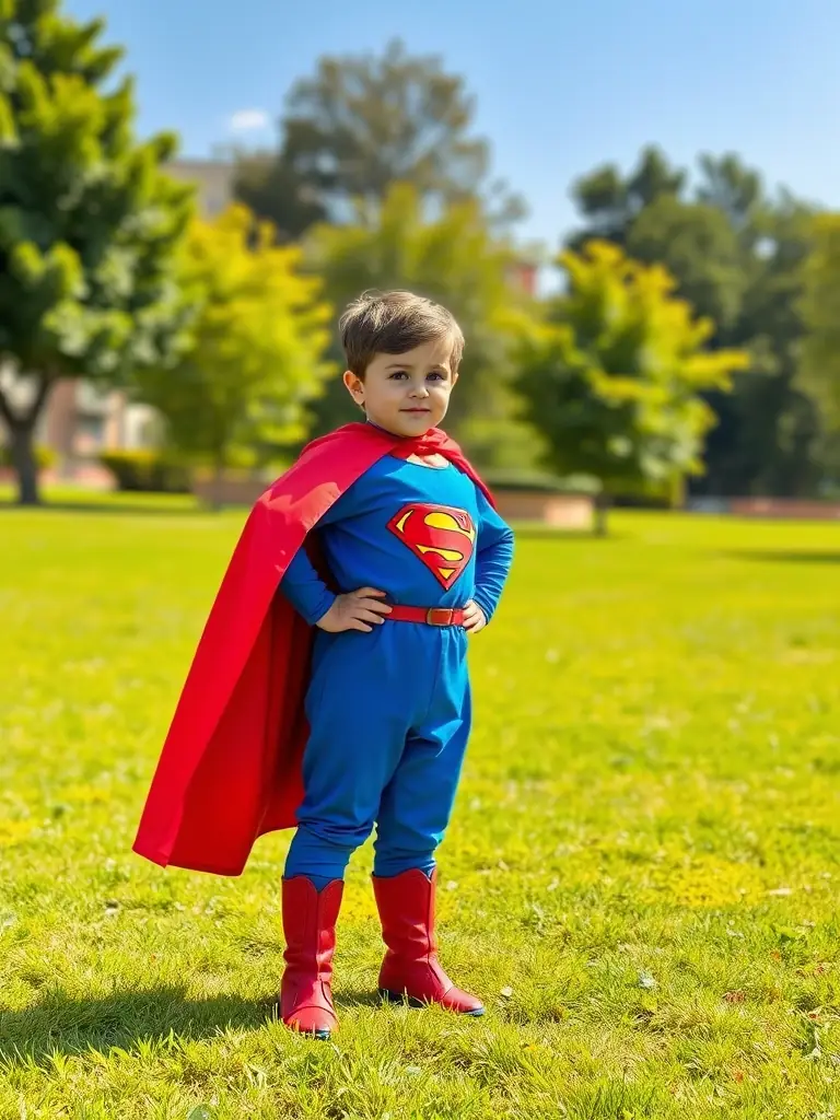 A child in a Superman costume, cape billowing in the wind, standing proudly in front of a local Ankara park.