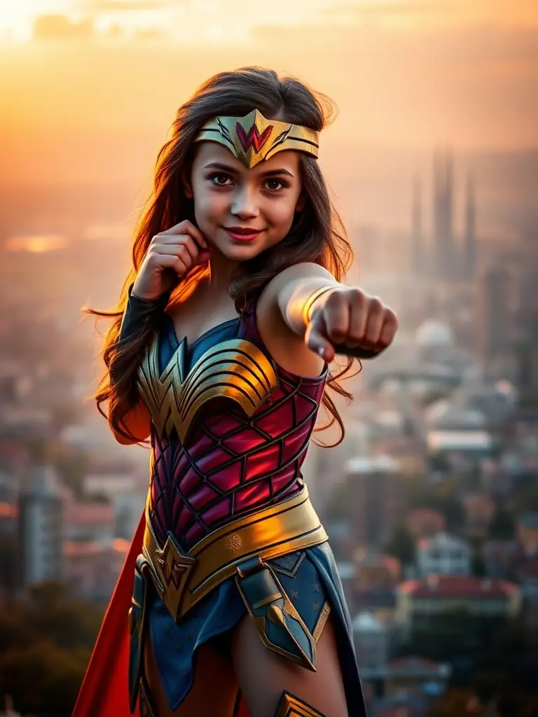 A young girl wearing a Wonder Woman costume, striking a powerful pose in front of a backdrop of Ankara's cityscape.