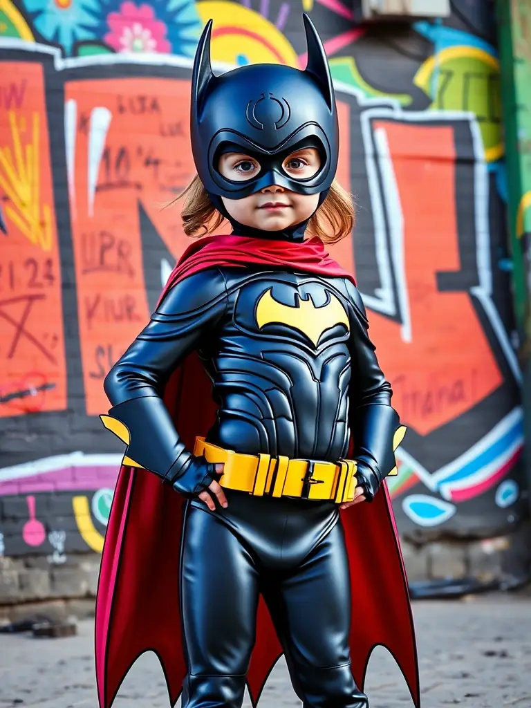 A child dressed as Batgirl, standing confidently in front of a mural in Ankara, showcasing the costume's detailed design.